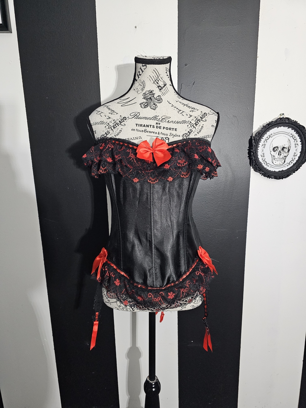 Burlesque Satin Corset Camisole with Red Lace & Bows